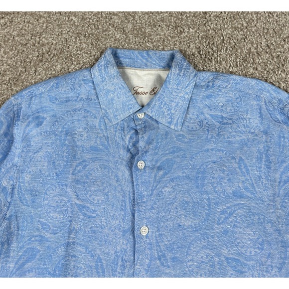 Tasso Elba Shirt Mens Medium Blue Paisley Linen Button Up‎ Long Sleeve Casual - Picture 2 of 8